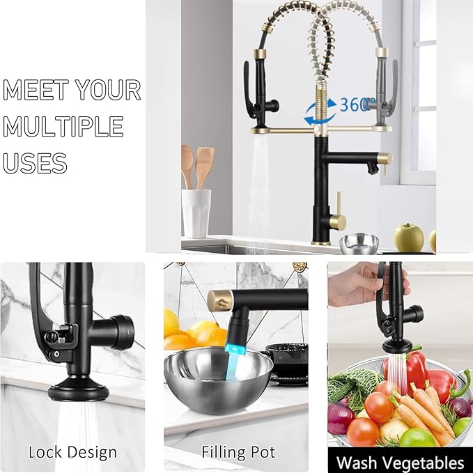 Smart Kitchen Faucet, 3 Modes Pull Down Sprayer, LED Temperature Control, Ceramic Valve,360-Degree Rotation,1 or 3 Hole Deck Plate, Double Spout. 10-Year Warranty. (KW-29RK, Gold/Black)