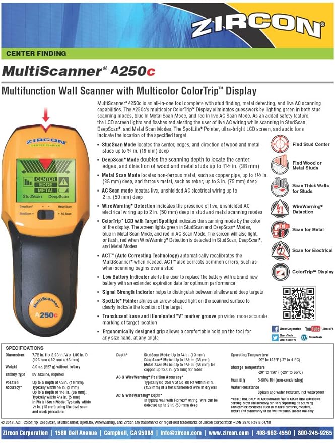Zircon MultiScanner A250c All-In-One Stud Finder/Metal Detector/Live AC Wire Detection and Scanner