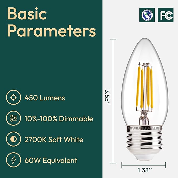 ALAMPEVER E26 LED Bulb 60W Equivalent, Dimmable B11 Candelabra Light Bulbs, 2700K Soft White, 450LM, Vintage Edison Style, Perfect for Ceiling Fans & Home Decor, 6 Pack