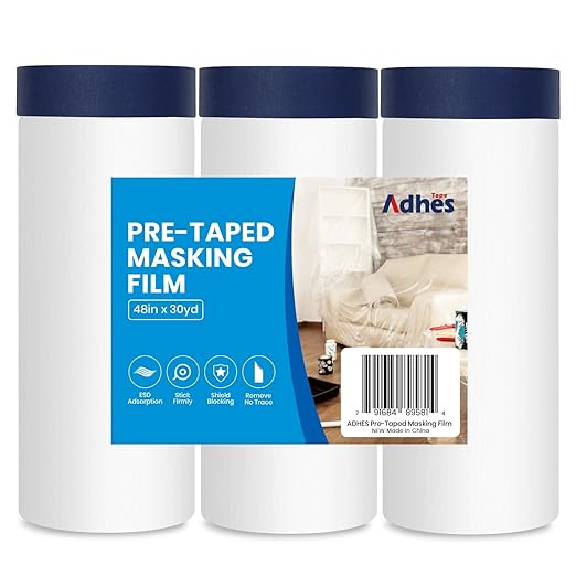 ADHES Painters Plastic with Tape, 48 inch x 90 feet x 3 Rolls Painters Tape with Plastic Attached, Pre Taped Masking Film Tape and Drape for Automotive Painting Covering