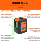 JORGENSEN Laser Level with Tripod, 100 FT Dual Modules Self Leveling Cross Line Laser Leveler Tool with 360° Magnetic Base, Green Laser Level for Picture Hanging, Tile, Home Renovation, Indoor Project