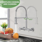 Wall Mount Kitchen Faucet, Hurran Brushed Nickel Kitchen Sink Faucet, 8 Inch 2 Handle Wall Mount Commercial Sink Faucet with Pull Down Sprayer for Kitchen Laundry Room Restaurant