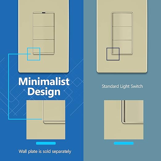 LIDER Minimalist Design Matte Finish Lighted Triple Switch, Combination Frameless Decorator Switch with Locator Light, Ground Terminal, Single Pole, 15A 120-277V, UL Listed, LCS3-1P-I, Ivory