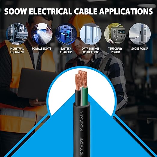 100ft 10/3 10 AWG Portable Power Cable (3 Conductor) - SOOW 600V 10 Gauge Electric Wire for Motor Leads, Portable Lights, Battery Chargers and Machinery - 3 Conductor - 100 Feet Electrical Cord