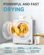 110V Portable Dryer – 850W Compact Clothes Dryer with 4 Automatic Drying Modes, Stainless Steel Tub, Simple Control Knob for Apartments, Dorms & Small Spaces