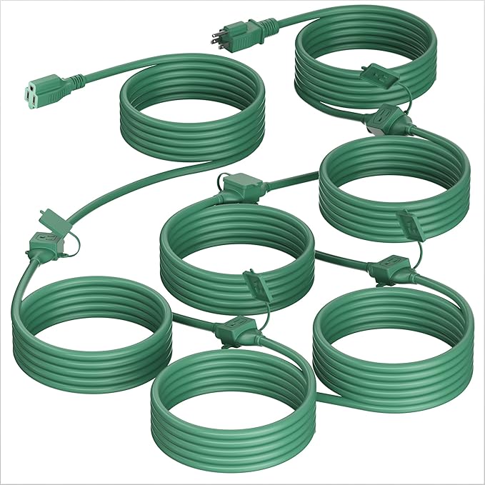 50 FT Green Outdoor Extension Cord with Multiple Outlets, 16/3 Gauge Outdoor Green Extension Cord Evenly Spaced 6 Outlets Plugs Waterproof, 13AMP 1625W 125V 16AWG SJTW, ETL Listed