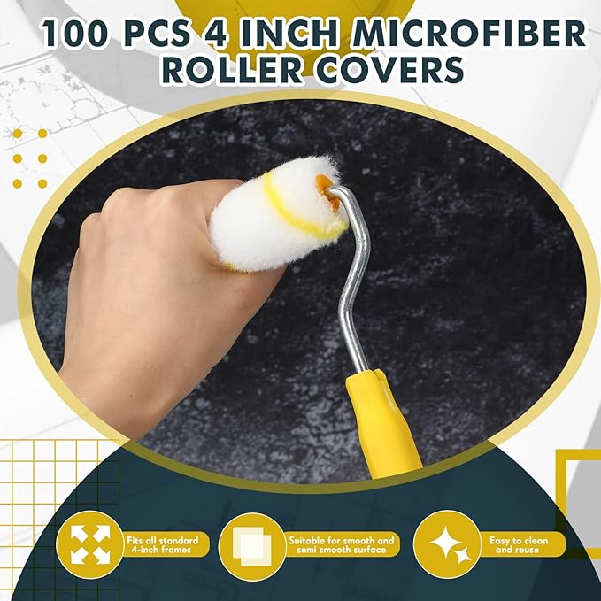 Leumoi 100 Pcs Paint Roller Covers 1/2 x 4 Inch Microfiber Paint Roller Covers Paint Brush Cover Small Roller Nap Mini House Painting Supplies for Painting Wall DIY Household Tool (Yellow White)