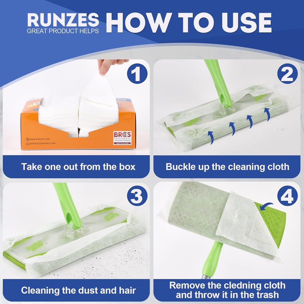 Runzes Dry Sweeping Refills 160Count Mop Pads Duster Cloths White Disposable Cleaning Cloths to Clean Dust,Hair,Dirt