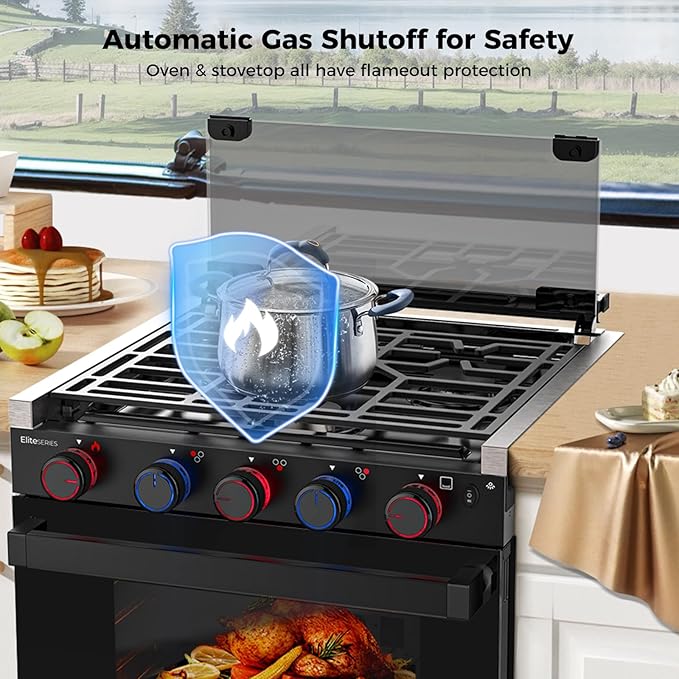 CAMPLUX Elite RV Stove Propane Range 21 Inches, 1.8 Cu.ft. Propane Oven with 3 Burners Cooktop, RV Gas Oven Stove Combo 28,100 BTU/Hr, Black, RGP21MGB