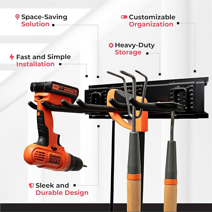 TIDYME Garage Tool Organizer Wall Mount - 96 inches - Sturdy Storage Rack with Adjustable Hooks, Anti-Rust - Easy Installation, 600lbs Capacity - Garden Tool Organizer (06 Racks & 12 Hooks)
