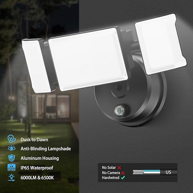 Olafus 60W Flood Lights Dusk to Dawn Outdoor Lighting, IP65 Waterproof LED Security Light with Photocell, 6000LM Dusk Dawn Outside Light, 6500K Black Exterior Floodlight for Yard Garden Porch