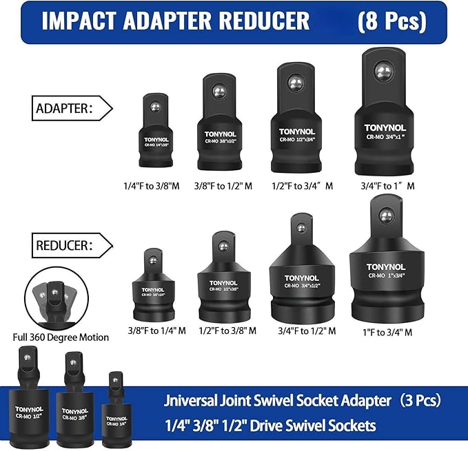 11pcs Impact Adapter and Reducer Set and Universal Joint Swivel Socket Adapter Set, 1/4" 3/8" 1/2" 3/4" 1" Drive Socket Adapter Set, Cr-Mo Steel,With a Storage Case.