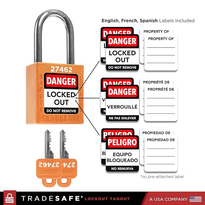 TRADESAFE Lockout Tagout Locks Set - 10 Orange Loto Locks, Lockout Locks Keyed Different, 2 Keys Per Lock, OSHA Compliant Lock Out Tag Out Padlocks, Safety Padlocks for Electrical Lockout Tag Out Kits