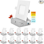 LUXRITE 4 Inch Ultra Thin Square LED Recessed Lighting, 5 Color Temperature Options 2700K - 5000K, Dimmable Downlight, 10W, IC Rated, Wet Rated, Canless LED Recessed Light (12 Pack)