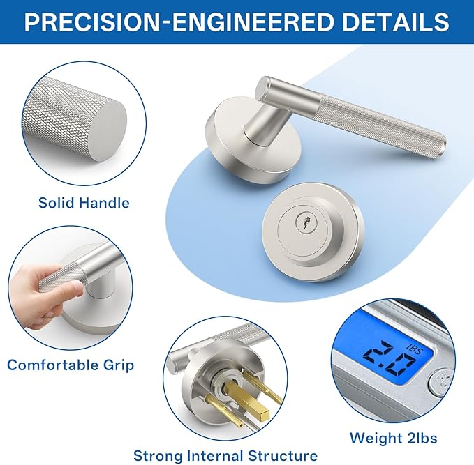 Amerdeco Front Door Lock Set with Double Cylinder Deadbolt, Exterior Entry Door Lever, Heavy Duty Entry Door Locksets for Left or Right Hand Exterior Door（Satin Nickel 1 Pack）