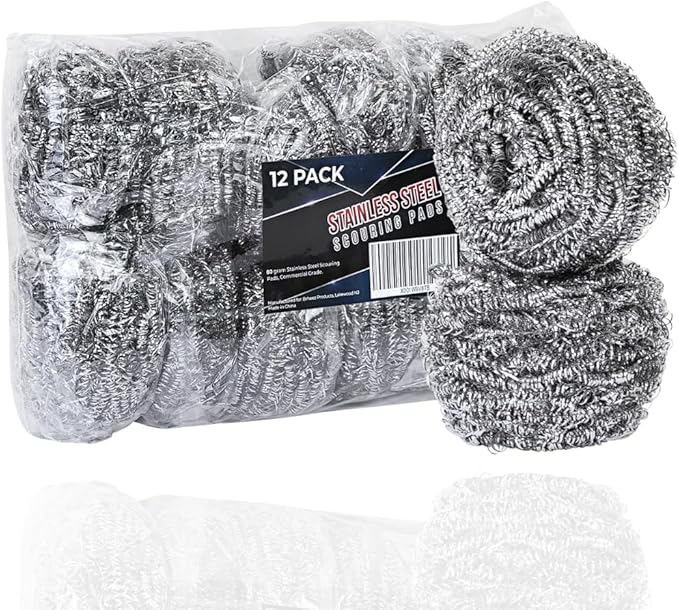 Brheez Stainless Steel Cleaner Scouring Pads [12 Pack] - Industrial & Commercial Strength Large Cleaning Supplies Dish Sponge - Individually Wrapped 100 Gram