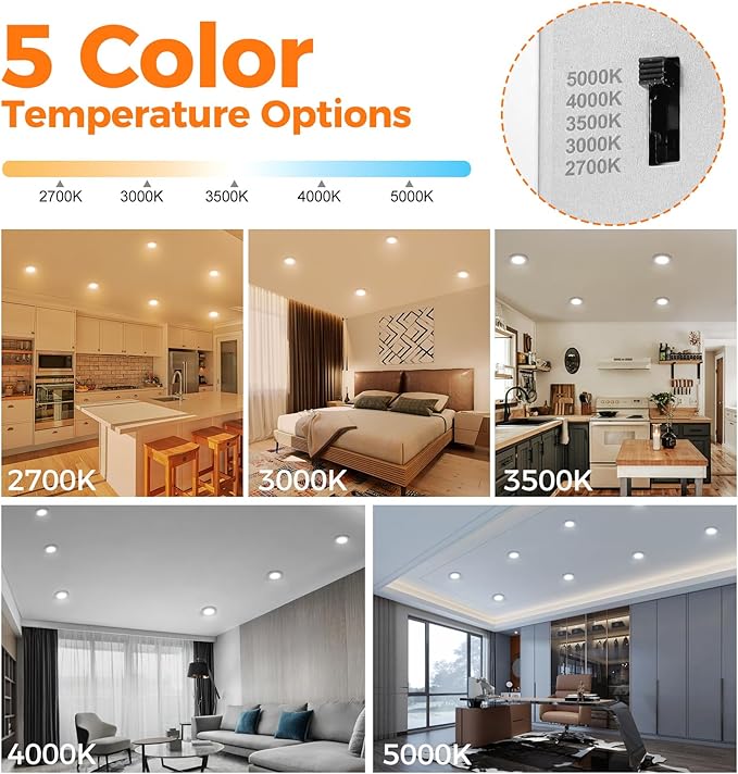 12 Pack 3 Inch Recessed LED Lights with Night Light, Canless Ultra Thin Wafer Recessed Lighting Downlight with Junction Box, Dimmable & 5 Color Temperature Selectable, 6W, ETL, White