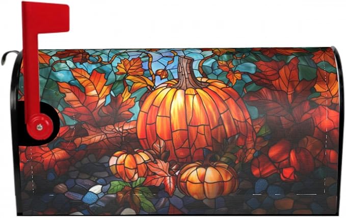 Stained Glass Pumpkin Mailbox Cover - Autumn Magnetic Standard Size 18 x 21 - Thanksgiving Decorations Outdoor Harvest Wrap