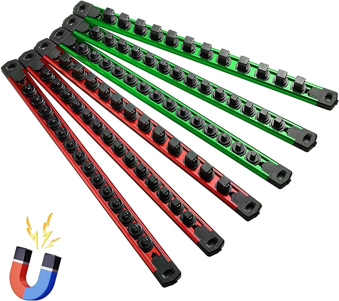 Magnetic Socket Organizer, 6-Piece Heavty Duty Aluminum Socket Holder, Socket Rail for Tool Box, Premium Quality 360° Swivel Socket Rack with 80 Clips for 1/2, 3/8, 1/4-Inch(Red&Green)