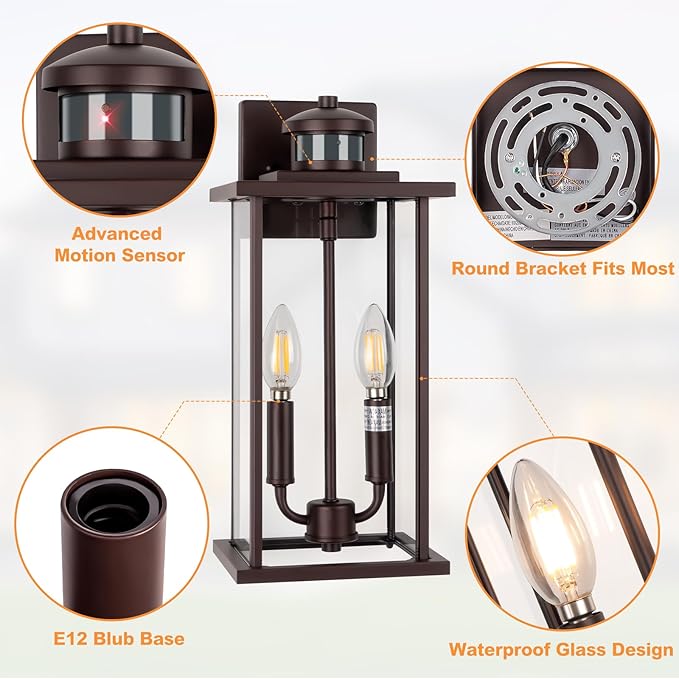 Motion Sensor Outdoor Wall Lights, 16" Waterproof Large Exterior Sconce, Compatible with E12 Base Bulbs, Modern Porch Entryway Lamp for Patio, Front Door Garage (Oil Rubbed Bronze, 2 Pack)