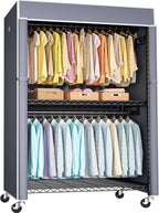 FUTASSI Black Clothing Rack with Grey Cover, P1C Plus Rolling Closets with Wheels, Metal Garment Rack for Hanging Clothes, Clothing Storage Wardrobe, 46" W x 18.5" D x 80.7" H, Load 524 Pounds