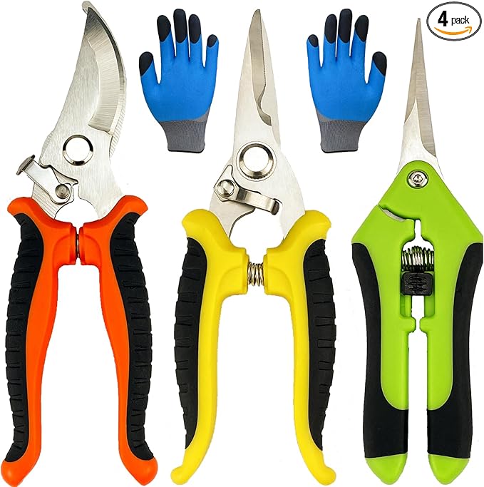 Pruning Shears, 4 Pack Garden Shears with Gardening gloves, Clippers Handheld, Stainless Steel Garden Snips, Lengnoyp Pruners for Gardening
