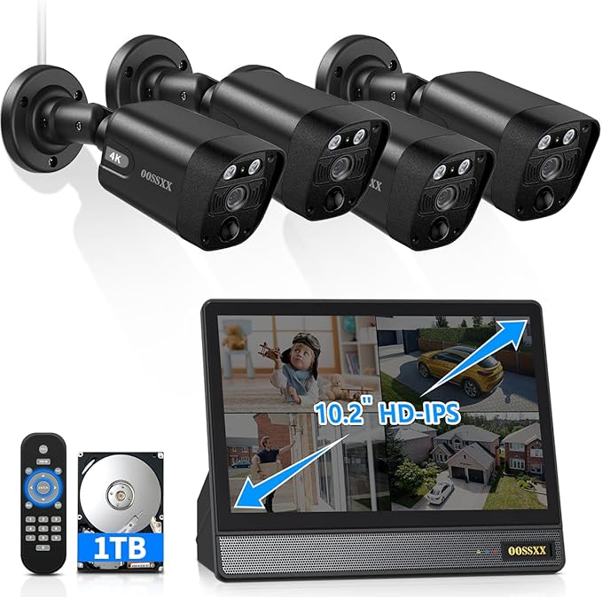 (All-in-One 10.1" IPS 8MP Monitor) 2-Way Audio PoE Outdoor Home Security Camera System Wired Outdoor Video Surveillance IP Cameras System