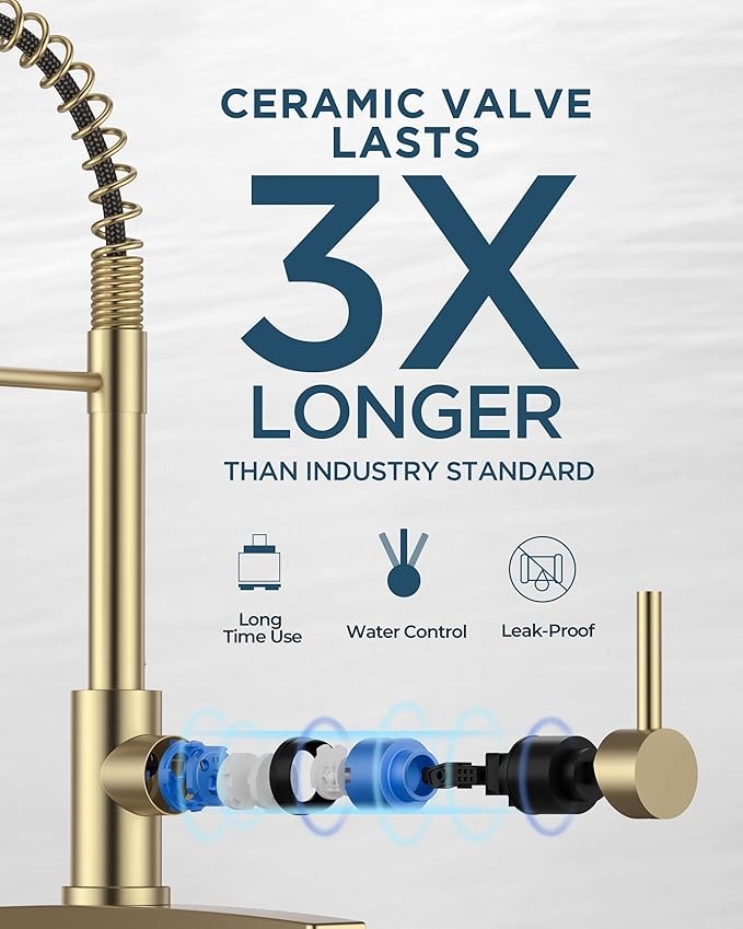 FORIOUS Kitchen Faucet with Soap Dispenser, Gold Stainless Steel Single Handle Modern Spring Commercial Sink Faucet with Pull Down Sprayer for Laundry & Utility Room RV Camp Bar Farmhouse