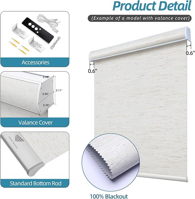 SmartWings Motorized Smart Blinds with Remote, Custom Automatic 100% Blackout Roller Shade Compatible with Alexa/Homekit/Google, Electric Smart Blinds for Indoor Windows, Linen White