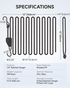 Fondwell 1/4" Retractable Ratchet Straps: 8-Pack Rope Hangers with Protective Soft Loops - Secure Tie Down Ratcheting for Transport
