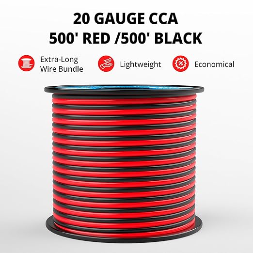 NAOEVO 20 Gauge Wire 500FT, 2 Conductors Electrical Wire Red Black Cable, Flexible/Low Voltage/PVC 20 AWG Copper Clad Aluminum Extension Cord for Speaker, LED Strips, Automotive 12V/24V DC