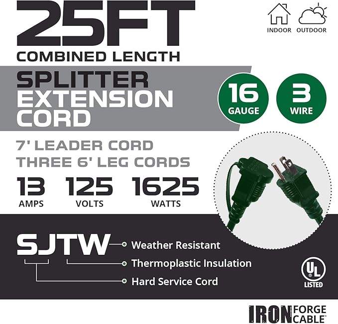 Iron Forge Cable Green 1 to 3 Outdoor Extension Cord Splitter 13 Ft (25 Ft Total Length) - 16 Gauge Power Cord, 3 Prong, 3 Outlets 16/3 SJTW