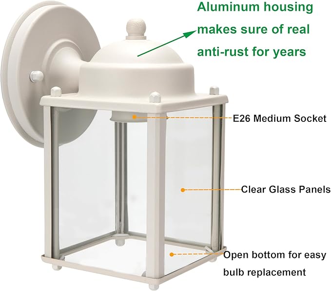 LIT-PaTH Outdoor Wall Lantern, Wall Sconce as Porch Lighting Fixture, E26 Medium Base, Aluminum Housing Plus Glass, Bulbs NOT Included, 2-Pack, White Finish
