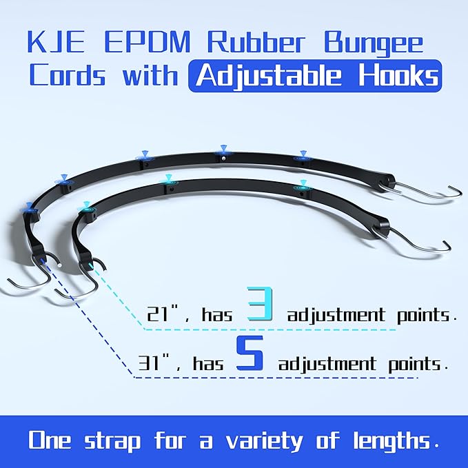 KJE 12Pack(21", 31") Rubber Bungee Cords with Adjustable Hooks - Quality EPDM, Heavy Duty Black Bungee Straps, Ideal for Outdoor Tie Downs, Securing Tarps, Canvases, Cargo in Cold Hot Climates