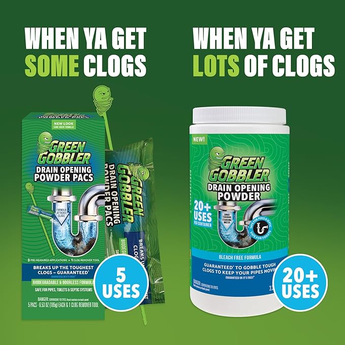 Green Gobbler Drain Clog Remover & Drain Cleaner Powder, 20+ Treatments, Maintenance Breaks Down Grease, Paper, Fat & Oil, Septic Safe