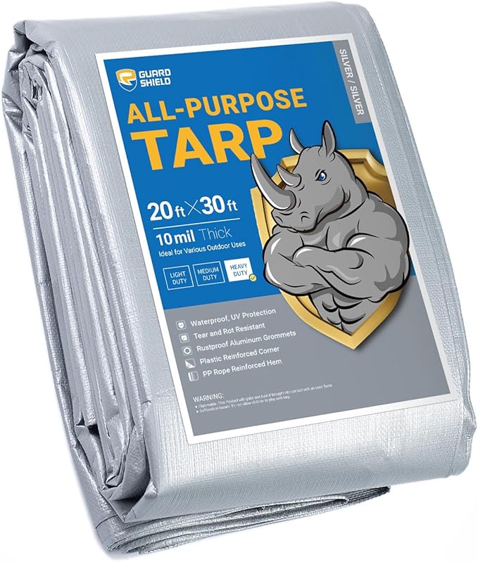 GUARD SHIELD Heavy Duty Tarp 20x30 Feet Silver Multi Purpose Thick Waterproof Poly Tarp Cover 10mil