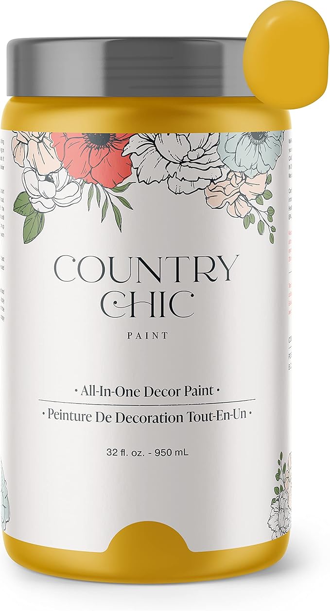 Country Chic All-in-One Chalk Paint for Furniture, Cabinets, Home Decor, Eco-Friendly, Matte Finish, Built-In Primer & Top Coat for Wood, Metal - Fresh Mustard (Mustard Yellow) - Quart 32 oz (950 ml)