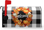 Fall Welcome Mailbox Covers Magnetic Large Size Autumn Pumpkin Buffalo Plaid Mailbox Cover Oversized Post Mailbox Wrap Outdoor Decor for Garden Yard 21x25.5 Inch