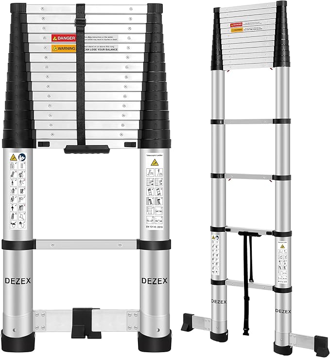 15.5 FT Aluminum Telescoping Ladders - One-Button Retraction Collapsible Extension Ladder for Home,RV,Attic,Lasts 330 LBS with Swivel Feet and Non-Slip Cushion