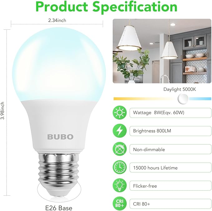 BUBO A19 LED Light Bulbs, 60 Watt Equivalent LED Bulbs, Daylight 5000K, 800 Lumens, E26 Standard Base, Non-Dimmable, 8W Daylight LED Bulbs for Bedroom Living Room Home Office, 24 Pack