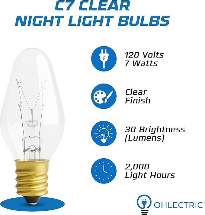 OHLECTRIC Night Light Bulbs (24 Pack – Clear), 7 Watt Mini Bulbs – E12 Candelabra Base, Non-Dimmable, 120 Volts – C7 Night Light Lamp Replacement Bulb for Salt Lamps, Window Candles, Holiday Decor