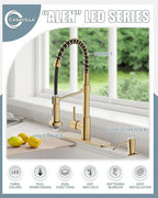 LED Kitchen Faucet, Brushed Gold Kitchen Faucet with Soap Dispenser and Deck Plate, Faucet for Camper Farmhouse RV Kitchen Sink, Single Handle Kitchen Sink Faucets with Pull Down Sprayer