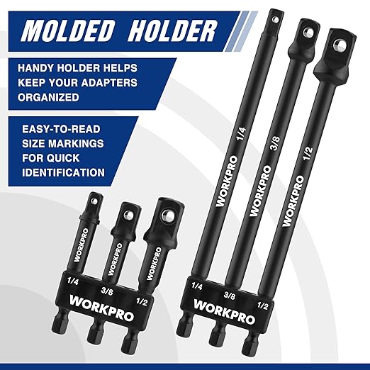 WORKPRO 6-Piece Socket Adapter Extension Set, 1/4, 3/8, 1/2-Inch Drive, 1/4-Inch Hex Shank, 2.6, 2.9 & 6 Inch Length, Impact Grade Extension Bit With Holder For Power Drill & Impact Driver