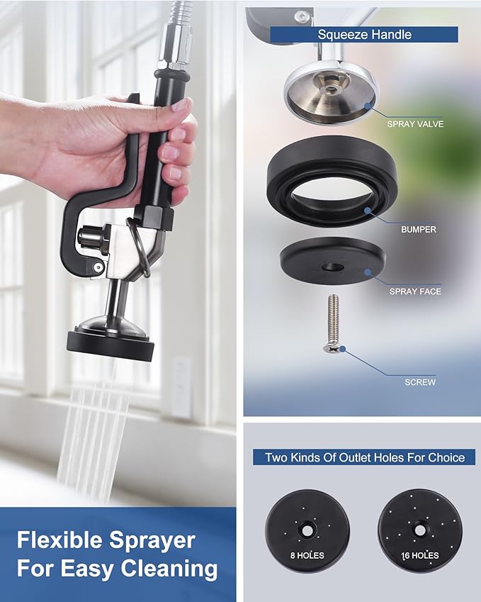 [New Upgrade] Brushed Nickel Commercial Kitchen Faucet with Pre-Rinse Sprayer 8 Inch Center Wall Mount Kitchen Sink Faucet with 9.6" Add-on Swing Spout 25" Height Faucet with Pull Down Spray