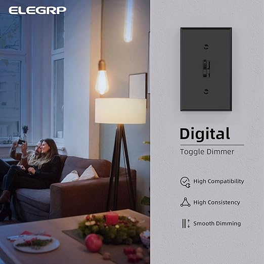ELEGRP Digital Toggle Dimmer Switch for Dimmable LED, CFL and Incandescent Light Bulbs, Single Pole or 3-Way Toggle LED Dimmer Light Switch, Wall Plate Included, UL Listed, 6 Pack, Black