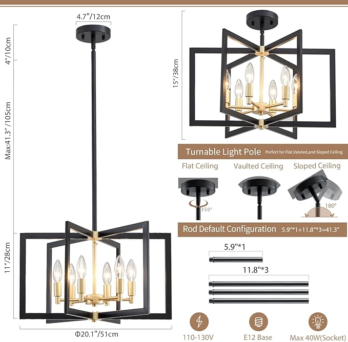 Black and Gold Chandelier 6-Light, Dining Room Light Fixture Geometric Metal Modern Chandelier Lighting for Kitchen Island Living Room Entryway, 20 Inch Pendant Lighting Hanging Ceiling Lamp