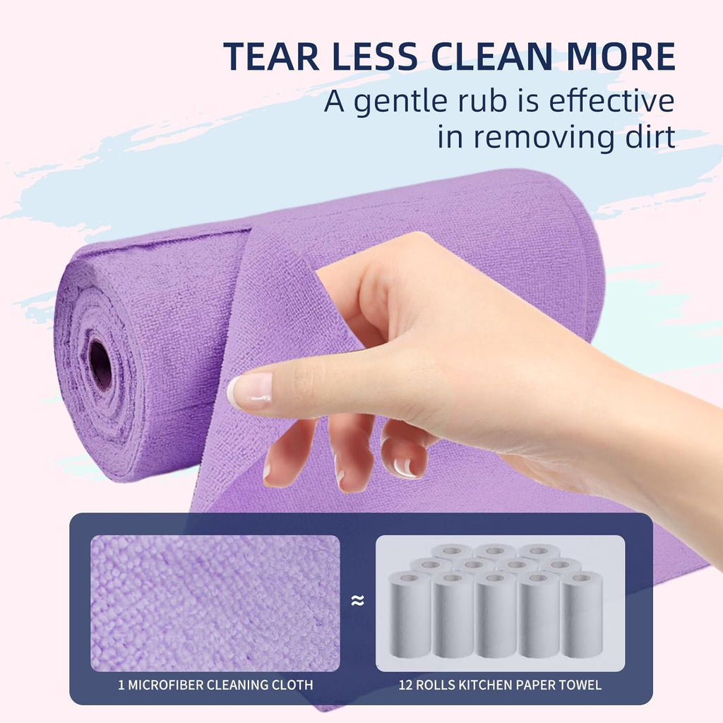 Microfiber Cleaning Cloth Roll - 50 Pack, Tear Away Microfiber Towels, 12" x 12", Reusable, Washable, Streak Free, Ultra Absorbent Dish Rags for Car, Home, Garage or Shop (Purple)