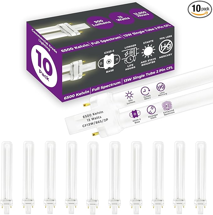 GoodBulb 13 Watt CFL Light Bulbs 2 Pin GX23 Base 6500K Full Spectrum 13W High Output 800 Lumens Single Tube Compact Fluorescent Light Bulbs Plug-in 10 Pack