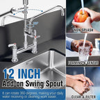 27" Height Commercial Sink Faucet Deck Mount with Pre-Rinse Sprayer, Commercial Kitchen Faucet with 10" Add-on Swing Spout Faucet & Spring Pull Down Sprayer, 8" Adjustable Center Kitchen Faucet