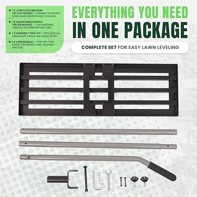 30" x 10" Stainless Steel Lawn Leveling Rake for Soil, Heavy Duty Lawn Leveler Tool for Yard with Adjustable Steel Handle up to 85", Yard Leveling Landscape Rake, Ground Leveler for Garden-Golf Course